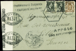 Belgique n°424 + 480, 2 pièces obl Trazegnies (1940) sur lettre avec censure ovale noire "ouvert par l'autorité militaire WA341" + grand cachet hex "Saisi par l'autorité militaire" + griffes noires "Acheminement suspendu