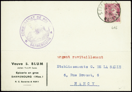 N°416, 70c Mercure obl Sarrebourg Moselle (1939) sur carte postale pour Nancy avec cachet violet avec déesse assise utilisé comme censure "Commissariat de police Sarrebourg". TB