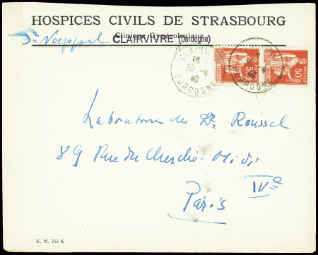 N°283 en paire obl Clairvivre Dordogne" (30.4.40) sur lettre à en-tête "Hospices civils de Strasbourg Clairvivre (Dordogne)" (organisme replié). TB