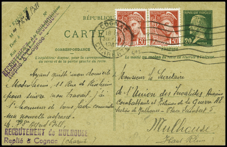 N°412 en paire obl Cognac Charente (30.3.1940) sur entier carte postale 20c Pasteur utilisé tardivement avec griffe violette "recrutement de Mulhouse replié à Cognac". Rare et TB