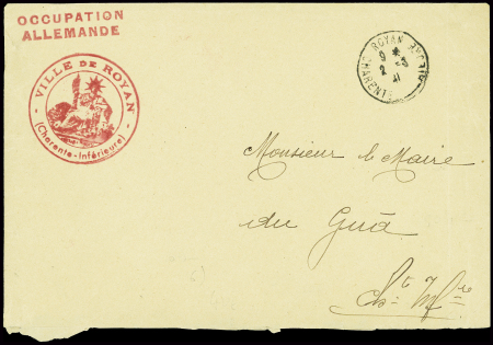 Lettre en franchise avec CAD de Royan (1941) + cachet rouge avec déesse assise "Ville de Royan - (Charente Inférieure) + griffe rouge "occupation allemande". TB 