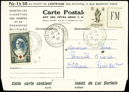FM n°10A, infanterie brun + n°422 obl CAD "Art fêtes vignette des armées Paris" (10.4.40) sur carte lettre FM avec conte de Luc Durtain. TB