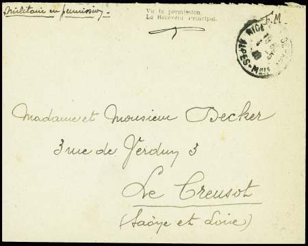 Lettre en franchise de soldat en permission avec CAD de Nice (1940) + petite griffe noire "Vu la permission - Le receveur principal". TB