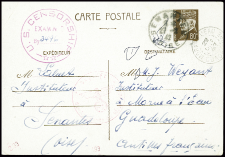 Entier carte postale 80c Pétain obl "Senanches Oise" (1942) pour la Gudeloupe avec censure US et CAD d'arrivée au recto "Morne à l'eau Guadeloupe". Rare 