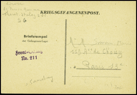 Carte avis de capture "Kriegsgefangenenpost" avec 7 formules à compléter et griffe violette "Front-stalag n°211" (Sarrebourg 3.10.40). TB