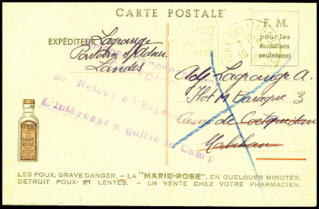 CPFM publicitaire de l'insecticide Marie Rose adressée à un prisonnier français au camp de Coetquidan (10.8.40) avec griffe violette "Kriegsgefangenenlager Coetquidan - Retour à l'expéditeur - l'intéressé a quitté le cam