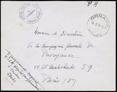 Lettre en franchise avec CAD horoplan (25.2.40) + petit cachet noir "Hopital complémentaire d'Ornans (Doubs) le vaguemestre". TB