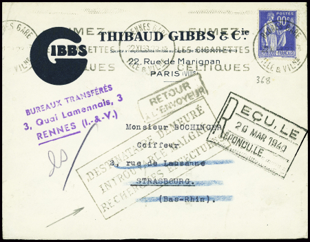 N°368 obl Rennes (22.11.39) sur lettre pour Strasbourg avec griffe noire encadrée "Destinataire demeuré introuvable malgré recherches effectuées". TB