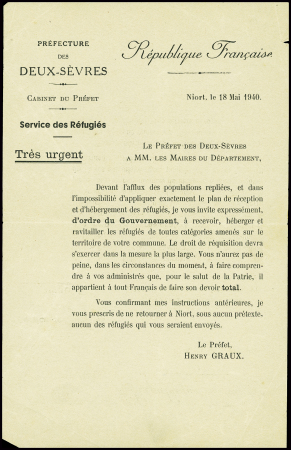 Circulaire de la préfecture des Deux-Sèvres, Service des Réfugiés (18 mai 1940) sur l'accueil des réfugiés. TB