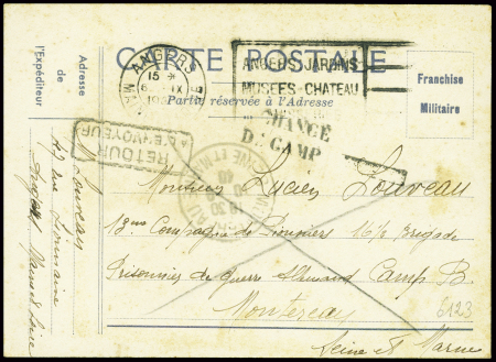 CPFM adressée à un prisonnier français à Montereau (sept 1940) avec griffes "a changé de camp" et "retour à l'envoyeur". TB