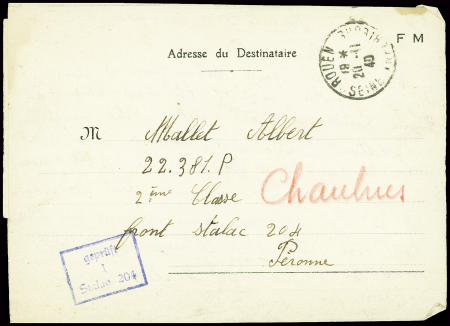 Formule FM avec cachet rect bleu "Gepruft 1 stalag 204" (Péronne - Somme - nov 1940). TB