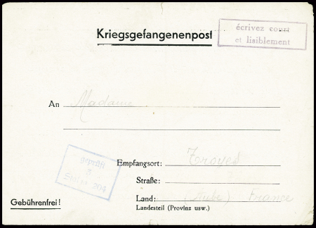 Formule FM dépliante avec cachet rect bleu "Gepruft 3 stalag 204" (9 nov 1940) avec au verso mention imprimée "front stalag 204 (Peronne)" Somme. TB