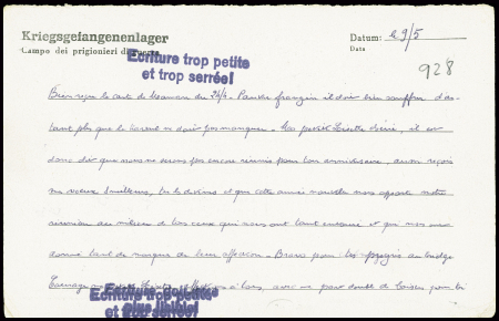 Postkarte de prisonnier français en Allemagne avec petite griffe noire "ecriture trop petite et trop serrée !". TB
