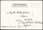 Formule dépliante d'un interné anglais à la grande caserne de Saint Denis "Interniertenpost" avec cachet rect rouge "Gepruft n°7" (1941). TB