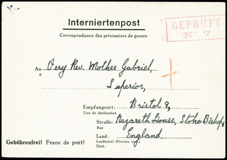 Formule dépliante d'un interné anglais à la grande caserne de Saint Denis "Interniertenpost" avec cachet rect rouge "Gepruft n°7" (1941). TB