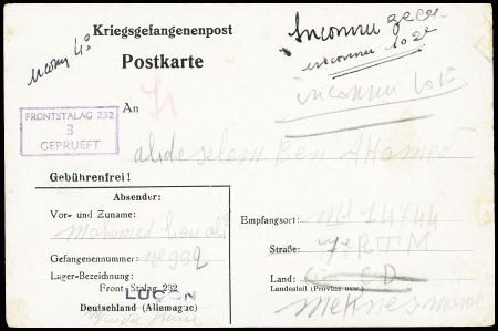 Poskarte de prisonnier arabe avec cachet rect violet "Frontstalag 232 3 gepruft" et "Luçon" (Vendée 1941). Rare et TB