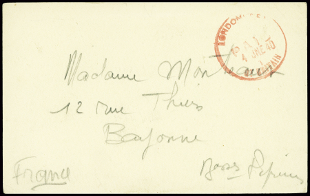 Carte postale avec grand cAD "London paid Gt Britain" (4.6.1940) adressée à Bayonne avec texte manuscrit "Arrivé sain et sauf en Angleterre" (rescapé de Dunkerque). TB