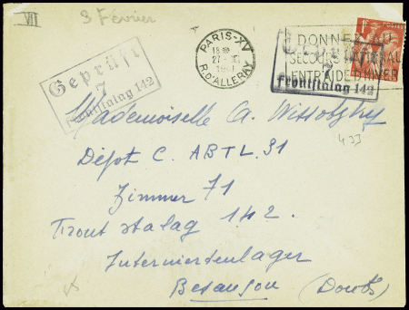 N°433 obl Paris XV (27.1.41) sur lettre pour une interne civile anglaise à Besançon avec cachet rect bleu "Gepruft frontstalag 142". TB