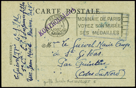 Carte postale en franchise d'un prisonnier français à l'EPS des jeunes filles de Rennes (sept 1940) avec griffe violette "Kontrolliert". TB