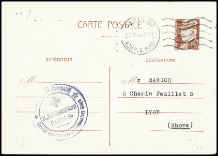 Entier carte postale 1F20 Pétain obl Paris 86 (20.5.44) avec cachet noir "Croix-Rouge française service des internés et prisonniers civils" avec au verso instructions pour écrire aux camps de concentration de Buchenwald 
