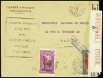 Madagascar n°170 + 216 obl Fort-Dauphin (dec 1940) sur lettre avec cachet rect noir "Acheter français c est bien mais acheter chez les Français c’est mieux" sur lettre pour Paris avec censure d'Afrique du Sud et griffe b