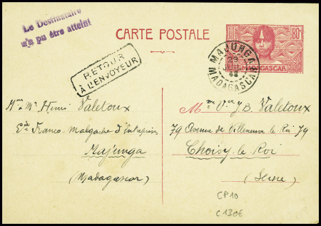 Entier carte postale de Madagascar 80c rose tête de femme (ACEP CP10) obl Majunga (29.7.42) pour la France avec griffe violette "le destinataire n'a pu être atteint". TB, cote 130€