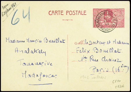 Entier carte postale de Madagascar 80c rose tête de femme (ACEP CP10) obl tananarive Analakely (15 fev 42) pour Pari avec mention manuscrite "reçue le 29 mai 1942". TB. Cote 130€