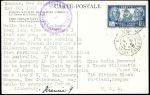 Nouvelle Calédonie n°156 obl Nouméa (21.5.42) sur carte postale France Libre (défilé de marins) éditée à Londres avec cachet violet "Censure alliée 3 Nouvelle Calédonie". RR ayant voyagé. TB