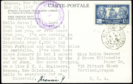 Nouvelle Calédonie n°156 obl Nouméa (21.5.42) sur carte postale France Libre (défilé de marins) éditée à Londres avec cachet violet "Censure alliée 3 Nouvelle Calédonie". RR ayant voyagé. TB