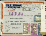 Nouvelle calédonie n°152 + 158 + 159 + 162 obl Kone sur lettre recommandée avion pour Londres (1941) avec 2 censures et au verso griffe violette "Comité de Gaulle Koné". TB
