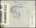 Nouvelle calédonie n°152 + 158 + 159 + 162 obl Kone sur lettre recommandée avion pour Londres (1941) avec 2 censures et au verso griffe violette "Comité de Gaulle Koné". TB