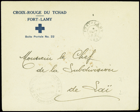 Lettre en franchise à en-tête "Croix-Rouge du Tchad Fort-Lamy boite postale n°22" (1944). TB