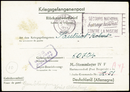 Formule pour prisonnier au stalag IVF avec obl mec "Troyes gare Aube" (3.6.44) avec flamme encadrée "secours national barrage national contre la misère". TB