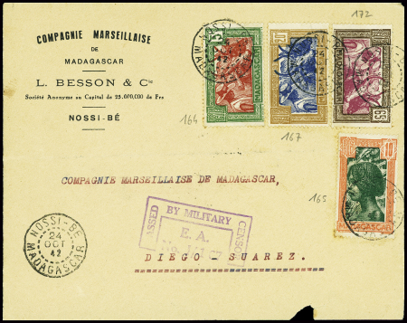 Madagascar n° 164 + 165 + 167 obl Nossi-Be Madagascar (24 oct 42) sur lettre avec cachet rect violet "Passed by military censor EA n°1 67" (débarquement anglais). TB