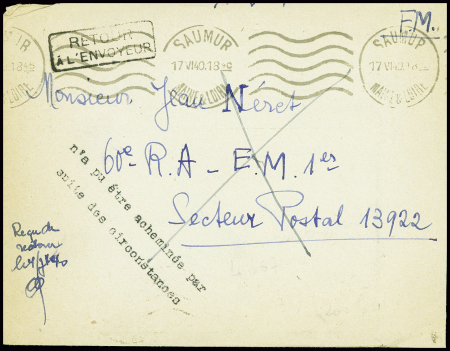 Lettre en franchise de Saumur (17.6.40) pour le SP 13922 avec griffe "N'a pu être acheminée par suite des circonstances". TB