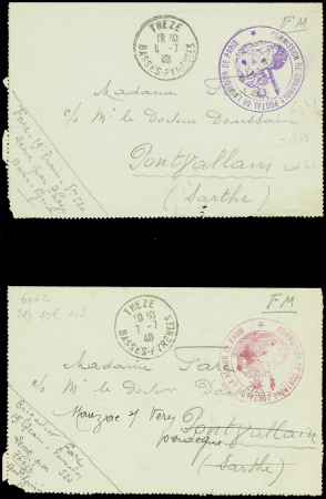 2 lettres en franchise avec cachet "Commission de contrôle postal de la région de Paris "avec déesse assise. TB