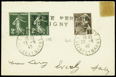 N°404 + 278 en paire obl CAD pointillé "Lumigny Seine et Marne" (23.9.40) + griffe noire "taxe perçue Lumigny SM" sur une petite lettre. TB