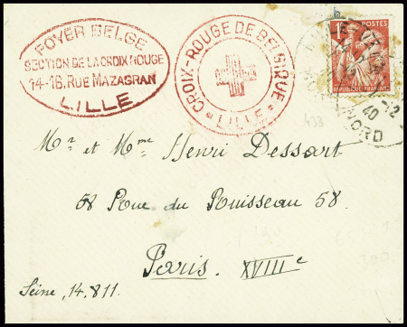 N°433 obl Lille Vauban (2.12.1940) sur lettre avec cachets rouges "Croix rouge de Belgique Lille" et "Foyer belge section de la Croix Rouge 14-18 rue Mazagran Lille". Rare et TB