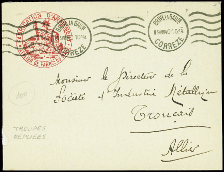 Lettre en franchise avec cachet rouge avec déesse assise "Fabrication d'armement atelier de FABRon du Mans" + obl mec de Brive Corrèze (9.8.40 - débâcle). TB