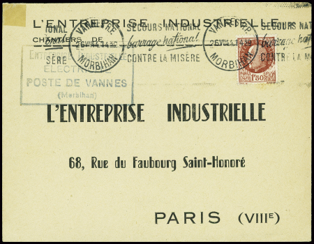 N°517 obl rare flamme "Secours national barrage national contre la misère" de Vannes RP Morbihan (26.7.44) sur lettre. TB