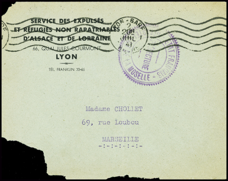 Lettre en franchise de Lyon gare avec en-tête "Service des expulsés et réfugiés non rapatriables d'Alsace et de Lorraine - Lyon", déchirure d'angle  sinon TB