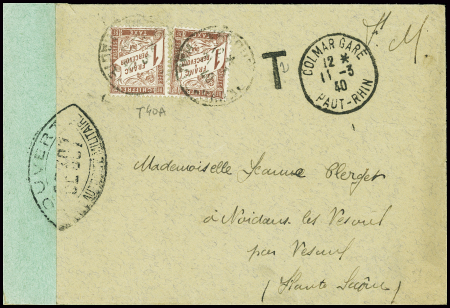 Lettre en franchise militaire de Colmar gare Haut Rhin (11.3.40) pour Vesoul avec censure ovale GE 307 et timbre-taxe n°40A, 2 pièces (abus de franchise). TB