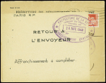 N°283 en paire obl Paris (26.11.40 sur lettre pour Eichhoffen (Bas Rhin) avec grande étiquette de paris RP "Retour à l'envoyeur affranchissement à compléter" (Le Bas Rhin était devenu allemand, donc étranger). TB
