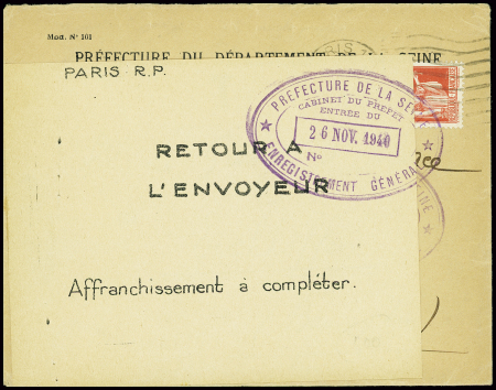 N°283 en paire obl Paris (26.11.40 sur lettre pour Eichhoffen (Bas Rhin) avec grande étiquette de paris RP "Retour à l'envoyeur affranchissement à compléter" (Le Bas Rhin était devenu allemand, donc étranger). TB