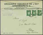 N°508, bande de 3, obl Vichy Allier (30.2.42) sur lettre de la droguerie centrale de l'est à Strasbourg repliée à Vichy. TB