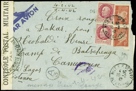 N°514 en paire + 516 en paire obl Nice RP (1942) sur lettre pour un pétainiste interné au camp de Batschenga (Cameroun). TB