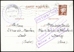 Entier carte postale 1F20 Pétain obl Chateauroux (1943) pour une internée israélite au camp de Drancy - Préfecture de police - bureau de la censure et griffes encadrées violettes "refusé par la censure" et "retour à l'en