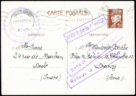 Entier carte postale 1F20 Pétain obl Chateauroux (1943) pour une internée israélite au camp de Drancy - Préfecture de police - bureau de la censure et griffes encadrées violettes "refusé par la censure" et "retour à l'en