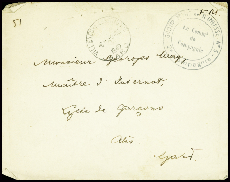 Lettre en franchise avec CAD horoplan "Villeneuve les Avignon Gard" (oct 1940) + cachet noir "Groupement de jeunesse n°5 - 2e compagnie - le COMMt de compagnie" (début des chantiers de jeunesse). TB