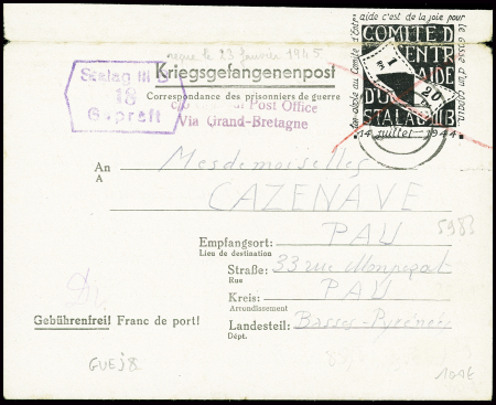 Entier formule du Comité d'Entraide du stalag IIB avec figurine noire (billet de banque 1RM) (GUE J8), pli d'archive